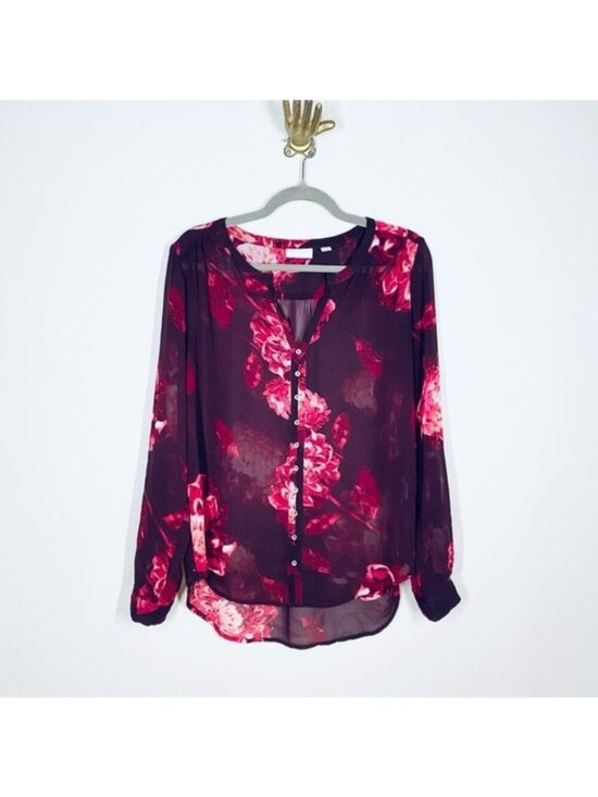 New York & Company Tops - New York & Company Shear Floral Blouse in Shades of Burgundy Size M